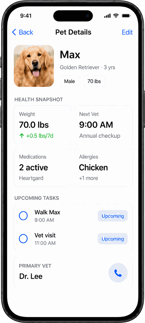 Petsomo app — pet profile and health snapshot